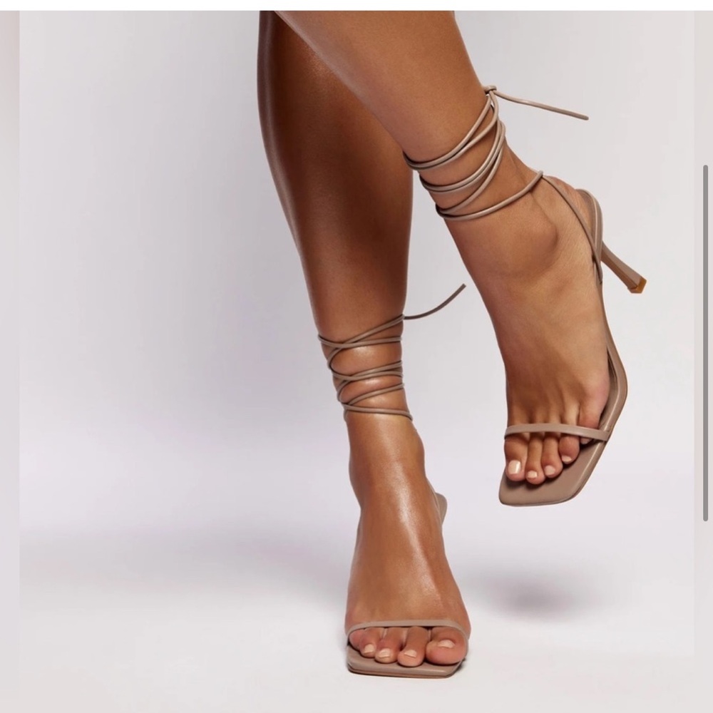 Meshki Tan Stiletto Heels with Ankle Straps